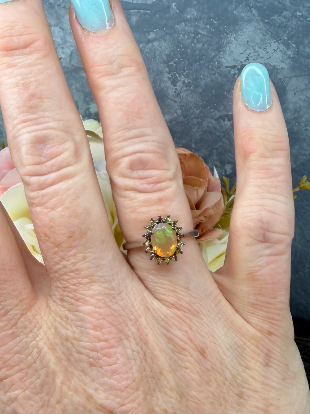 Enchanting Fire Opal Diamond Cut Sapphire halo 925 Sterling Silver Ring Sz 7 - Picture 13 of 13
